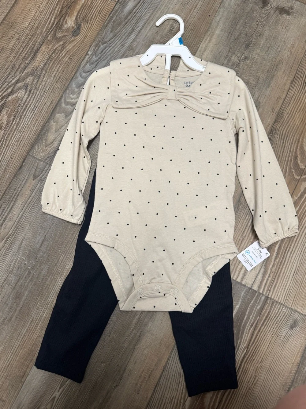Cream Polka Dot Bow Baby Bodysuit & Black Ribbed Leggings Set